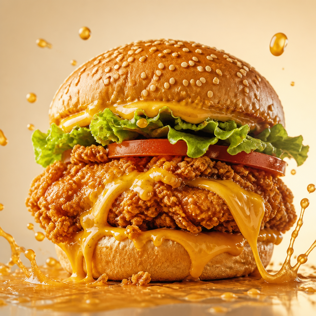 Crispy BBC fried chicken burger with melted cheese and sauce splash